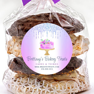 Pegatina Redonda Pastel de panadería morada Purpurina gotea postre