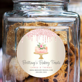 Pegatina Redonda Pastel de panadería Rubor Purpurina rosado gotea o