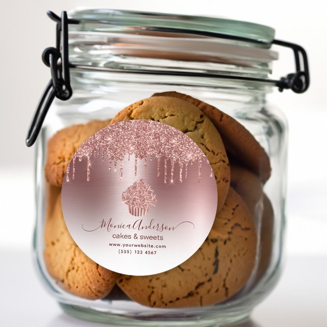 Pegatina Redonda Pastel de pastelería Pastelería Purpurina Dris Ros (Cupcake Bakery Pastry Chef Glitter Drips Rose Gold Classic Round Sticker)