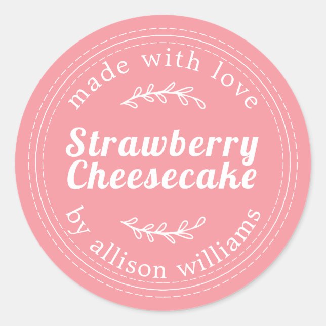 Pegatina Redonda Pastel de queso de fresa casero y rústico rosa (Anverso)