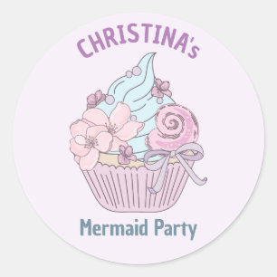 Pegatina Redonda Pastel de tarta de sirena Día de cumpleaños Tema d