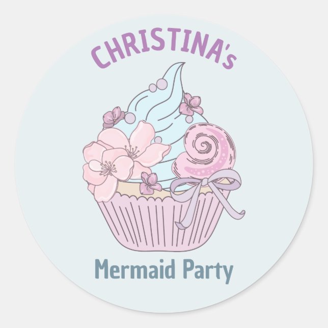 Pegatina Redonda Pastel de tarta de sirena Día de cumpleaños Tema d (Anverso)