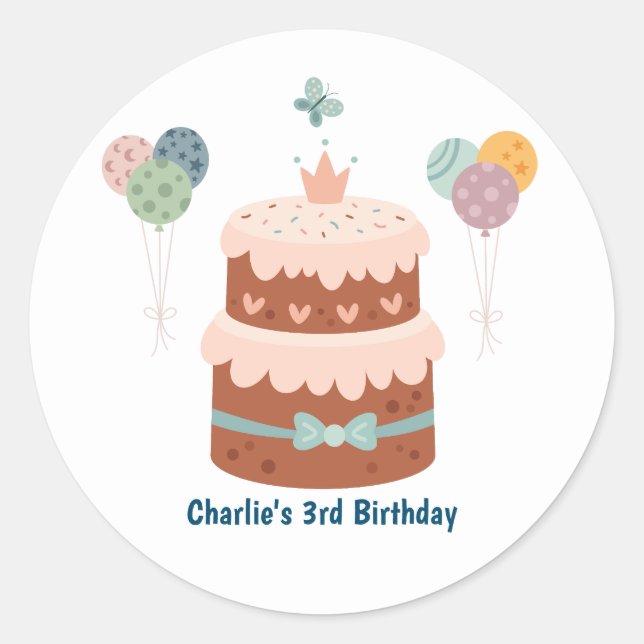 Pegatina Redonda Pastel de torta de cumpleaños con globos (Anverso)
