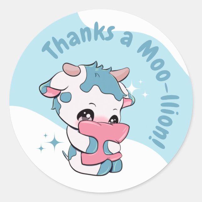 Pegatina Redonda Pastel de Vaca Azul Verde Nube Blanca Gracias (Anverso)