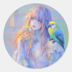 Pegatina Redonda Pastel Dreamy Mascota Parrot Pirate Anime Chica