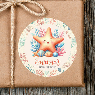 Pegatina Redonda Pastel Estrella de Mar Personalizada Cumpleaños Ba