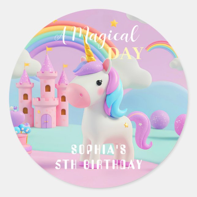 Pegatina Redonda Pastel Fantasy Unicorn Birthday (Anverso)