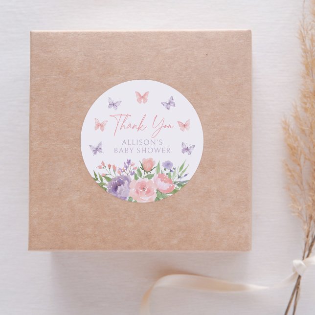 Pegatina Redonda Pastel Floral Mariposa Baby Shower (Subido por el creador)