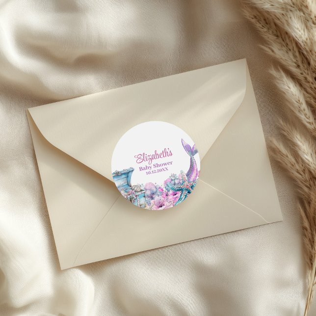 Pegatina Redonda Pastel Floral Mermaid Tail Baby Shower (Pastel Floral Mermaid Tail Baby Shower Classic Round Sticker on an elegant envelope.)