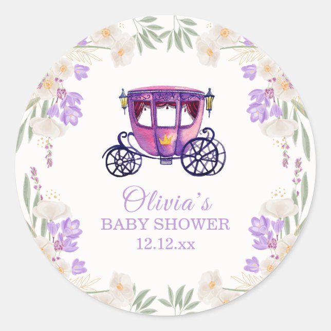 Pegatina Redonda Pastel Floral Princess Carriage Girl Baby Shower  (Anverso)