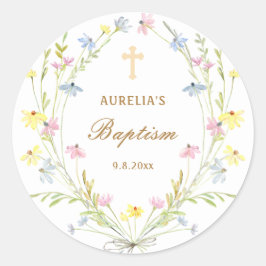 Pegatina Redonda Pastel Flores Silvestres Bautismo