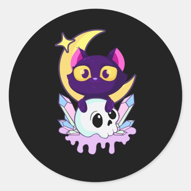 Pegatina Redonda Pastel Gótico Moon Wiccan Animal Cat Skull (Anverso)