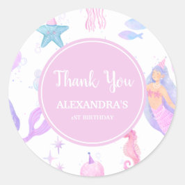Pegatina Redonda Pastel Mermaid Primer cumpleaños Chica de Fiestas