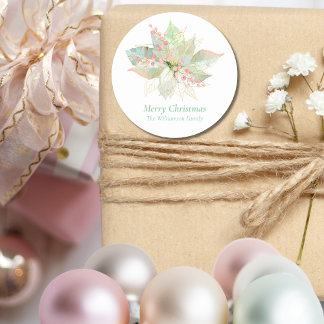 Pegatina Redonda Pastel Merry Christmas Sage rosa Poinsettia Gold