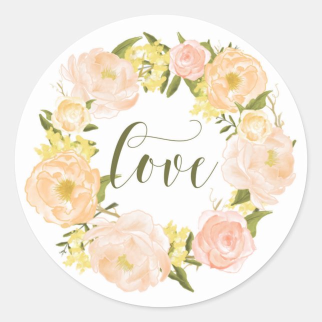 Pegatina Redonda Pastel Naranja Peonies Wreath | Letras de amor (Anverso)