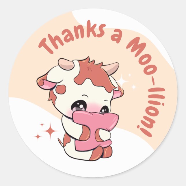 Pegatina Redonda Pastel Naranja Vaca Nube Blanca Gracias (Anverso)