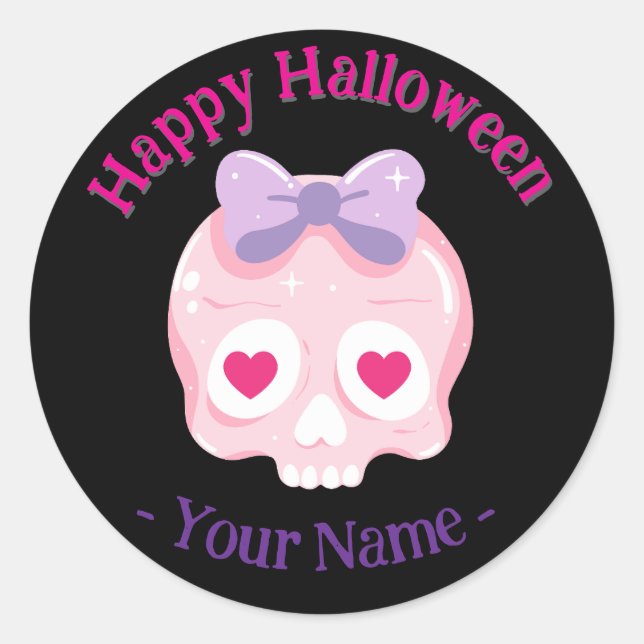 Pegatina Redonda Pastel negro personalizado de cráneo rosa y púrpur (Anverso)