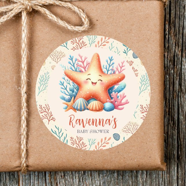 Pegatina Redonda Pastel Ocean Starfish Custom Name Baby Shower (Subido por el creador)