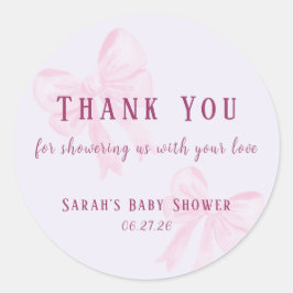 Pegatina Redonda Pastel Pink Bow Baby Shower Thank You Sticker