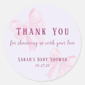 Pegatina Redonda Pastel Pink Bow Baby Shower Thank You Sticker