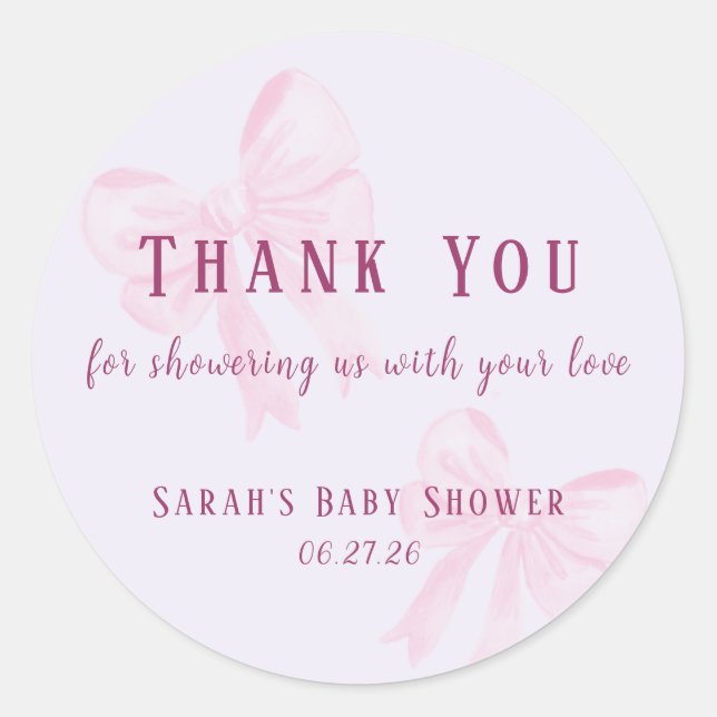 Pegatina Redonda Pastel Pink Bow Baby Shower Thank You Sticker (Anverso)