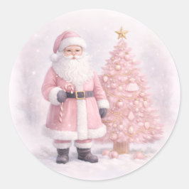 Pegatina Redonda Pastel Pink Christmas Santa 