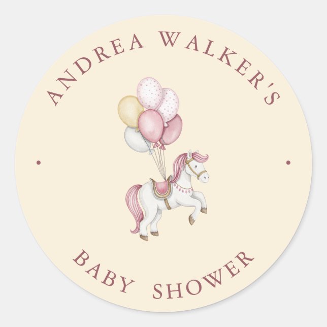 Pegatina Redonda Pastel Pink Cute Horse Balloons Girl Baby Shower (Anverso)