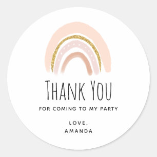 Pegatina Redonda Pastel Pink & Faux Purpurina Boho Rainbow Birday