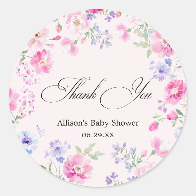Pegatina Redonda Pastel Pink Floral Baby Shower Thank You (Anverso)