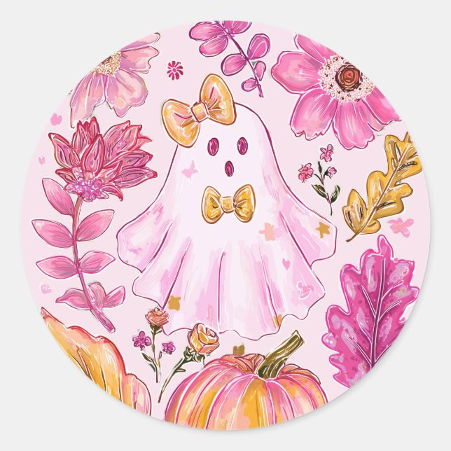 Pegatina Redonda Pastel Pink Halloween Ghost with Flowers and Pumpk (Anverso)