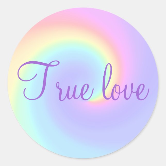 Pegatina Redonda Pastel Rainbow Swirl Lesbiana Boda "True Love" (Anverso)