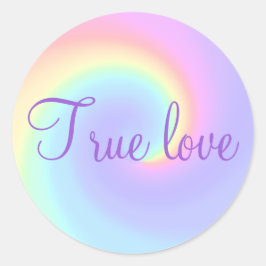 Pegatina Redonda Pastel Rainbow Swirl Lesbiana Boda "True Love"