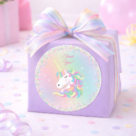 Pegatina Redonda Pastel Rainbow Unicorn Happy Birthday Thank You
