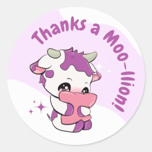 Pegatina Redonda Pastel Rosa Morado Vaca Blanca Nube Gracias