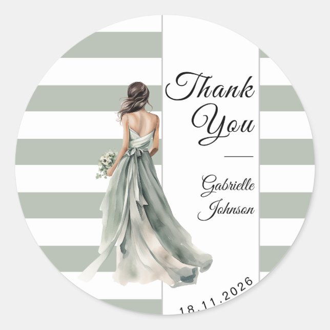 Pegatina Redonda Pastel Sage Green Stripes Bridal Bridal Shower (Anverso)
