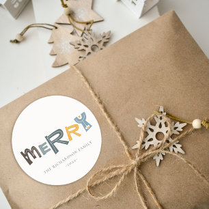 Pegatina Redonda Pastel Scandi Yellow Gray Text Feliz Navidad