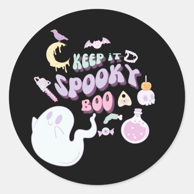 Pegatina Redonda Pastel Spooky Fantasma y Banda Black Halloween (Anverso)