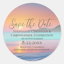 Pegatina Redonda Pastel Sunset Destination Beach Save the Date