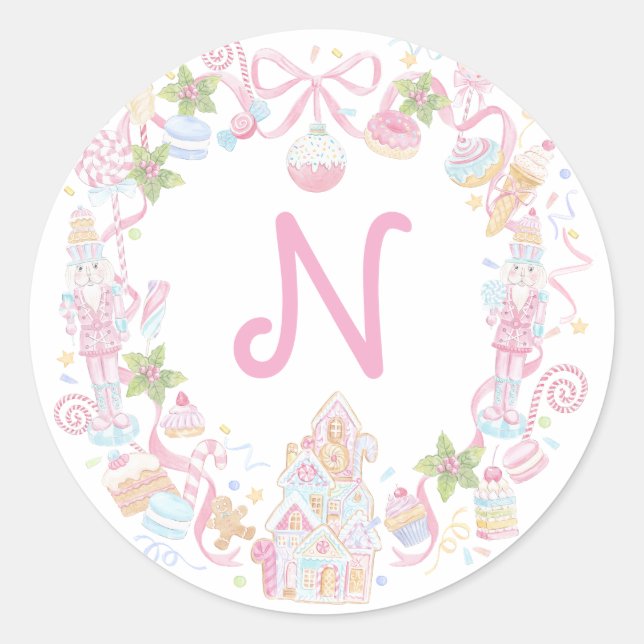 Pegatina Redonda Pastel Sweet Holiday Treats Monogram Crest  (Anverso)