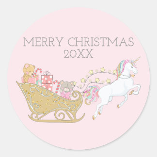Pegatina Redonda Pastel Unicornio de Navidad Trineo de Santa Rosa