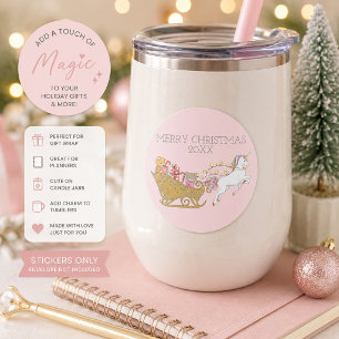 Pegatina Redonda Pastel Unicornio de Navidad Trineo de Santa Rosa