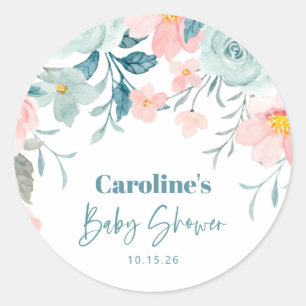 Pegatina Redonda Pastel Verde azulado Personalizado Baby Shower Flo