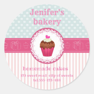 Pegatina Redonda Pastelería casera de quequitos amarillo rosado