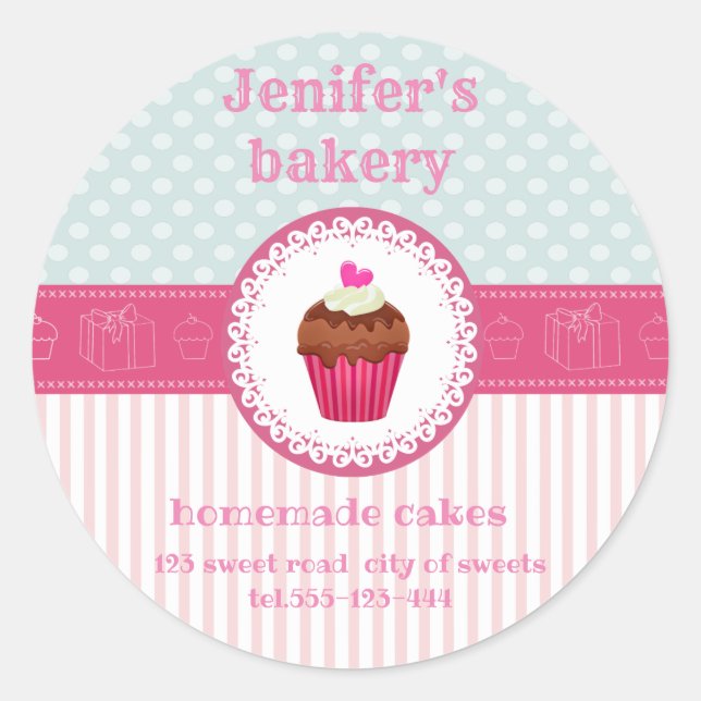 Pegatina Redonda Pastelería casera de quequitos amarillo rosado (Anverso)