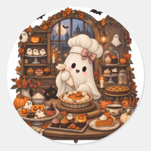 Pegatina Redonda Pastelero Fantasma Adorable Panadería Embrujada de