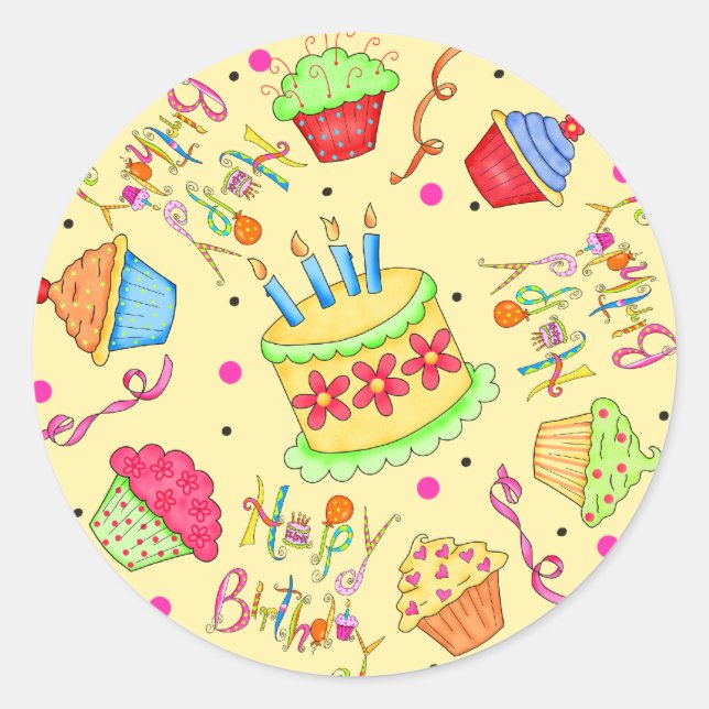 Pegatina Redonda Pasteles amarillos y pasteles felices cumpleaños (Anverso)