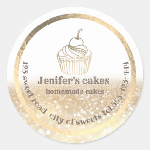 Pegatina Redonda Pasteles caseros y dulces purpurinoso de oro