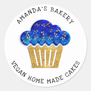 Pegatina Redonda Pasteles dulces panadería casera Muffin Gold Blue