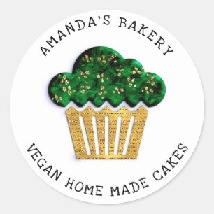 Pegatina Redonda Pasteles dulces panadería casera Muffin Gold Green