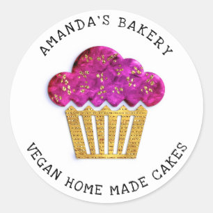 Pegatina Redonda Pasteles Dulces Panadería Casera Muffin Oro Rosa